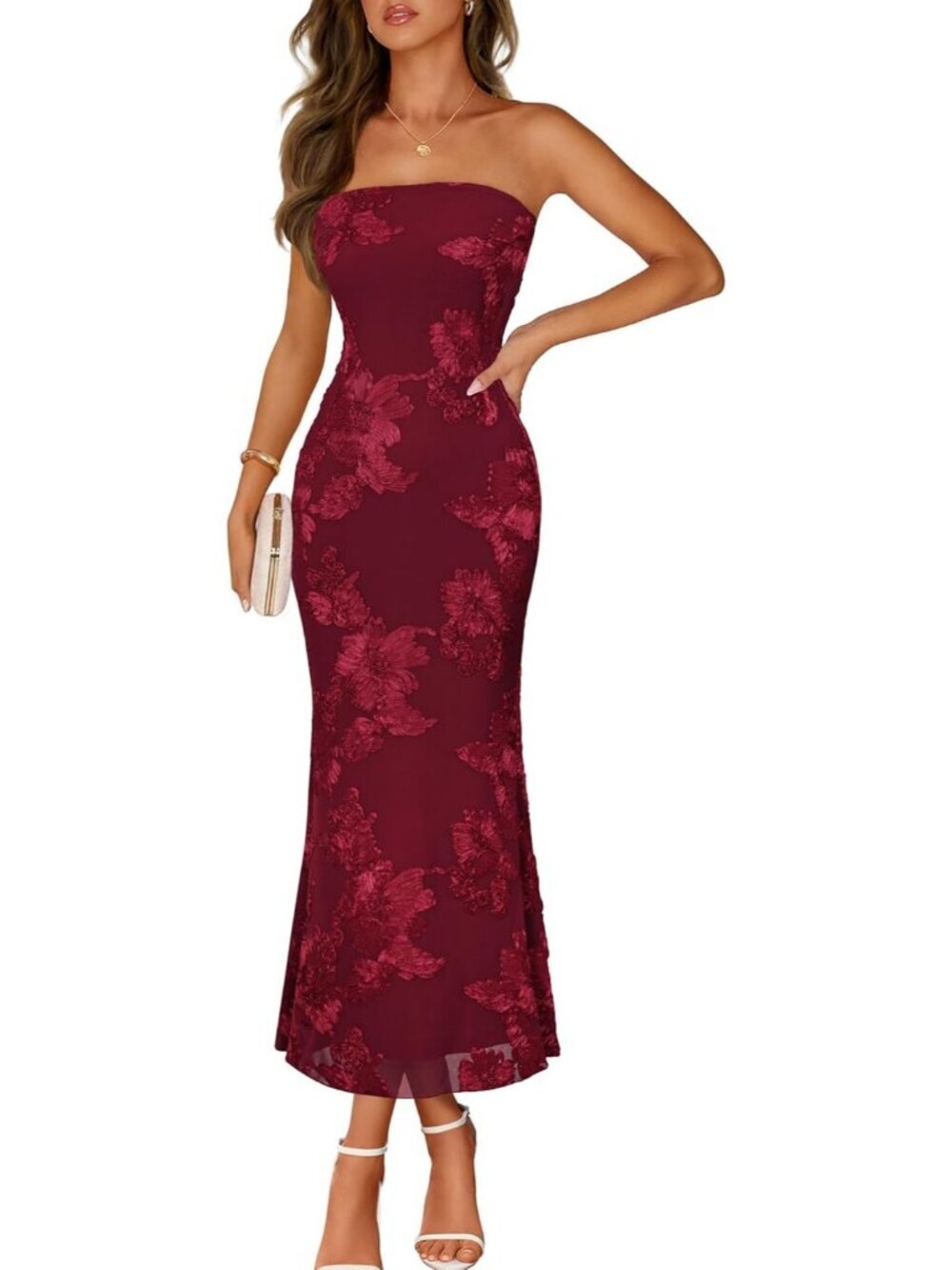 Women's Floral Strapless Maxi Dress Red Summer Mesh Bodycon Formal Dress